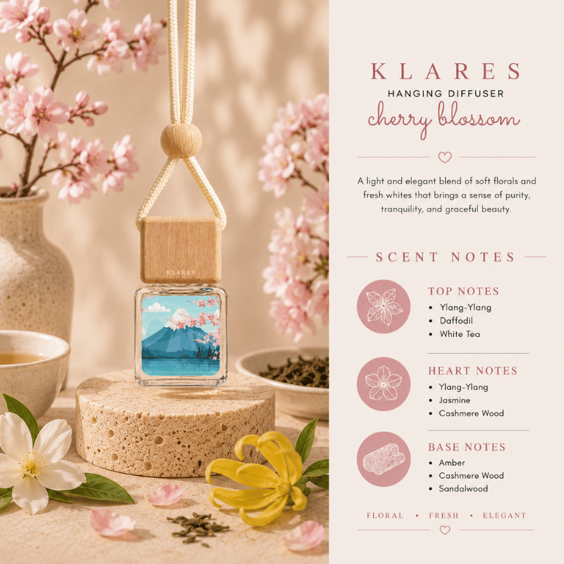 Cherry Blossom Hanging Car Diffuser 8ml | White Tea, Ylang-Ylang, Cashmere Wood