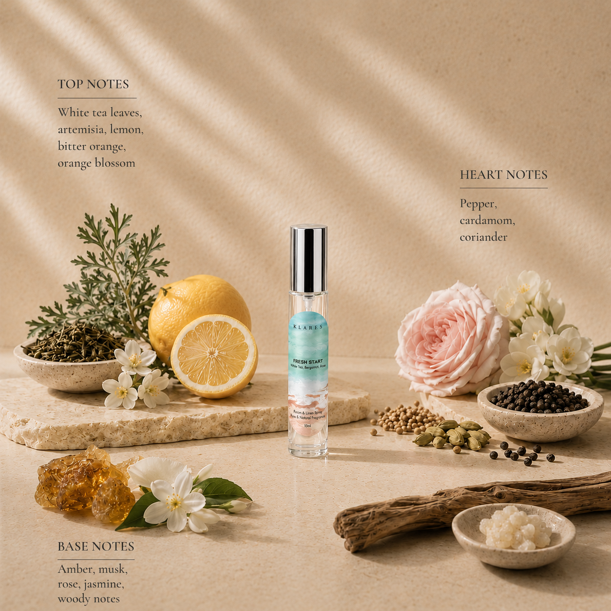 Fresh Start Room Spray 10ml | White Tea, Cardamom & Amber
