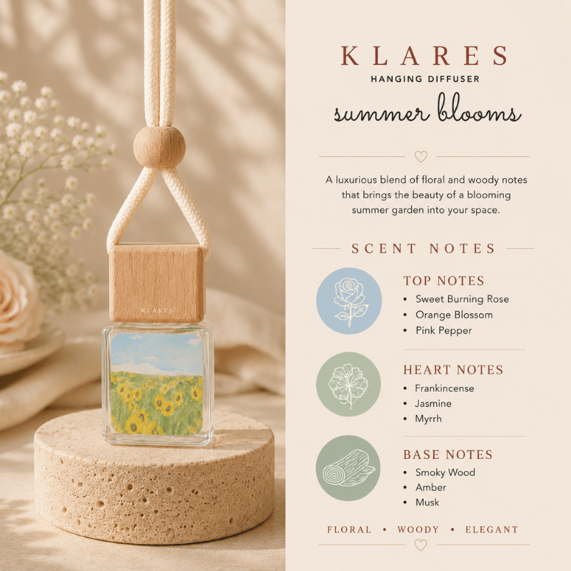 Summer Blooms Hanging Car Diffuser 8ml | Rose, Frankincense, Myrrh