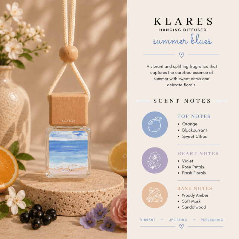 Summer Blues Hanging Car Diffuser 8ml | Orange, Rose Petals, Woody Amber