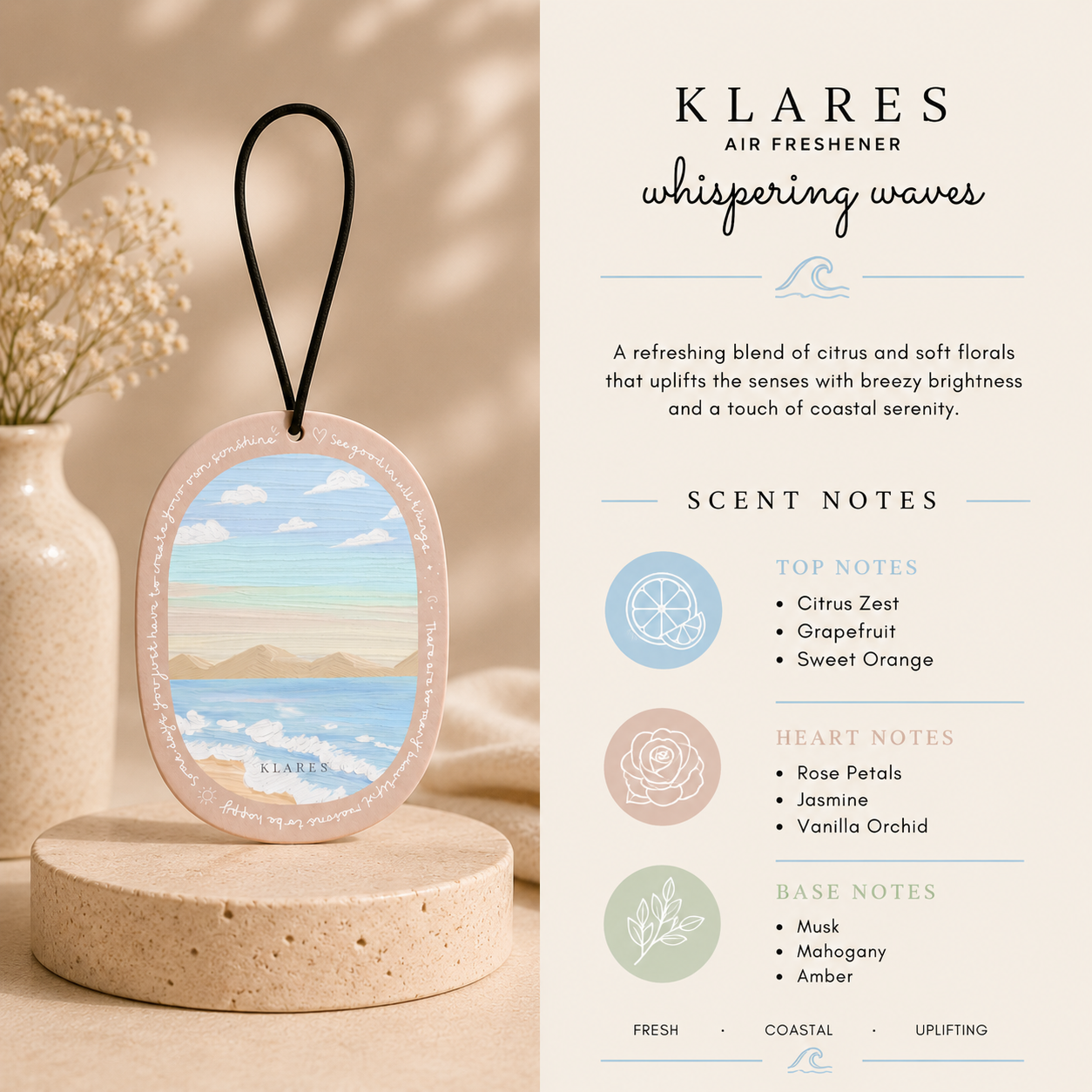 Whispering Waves Wardrobe Air Freshener | Citrus, Rose & Amber