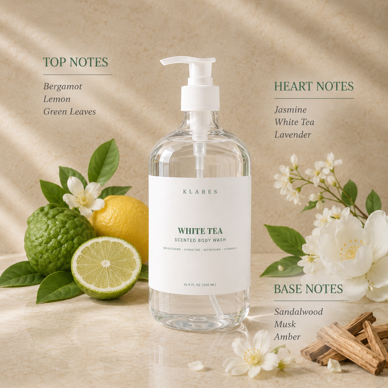 White Tea Scented Body Wash 500ml | Bergamot, White Tea